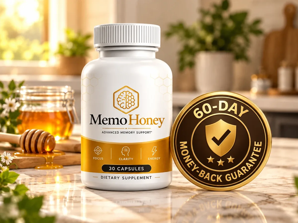 MemoHoney bottle with its 60-day money-back guarantee